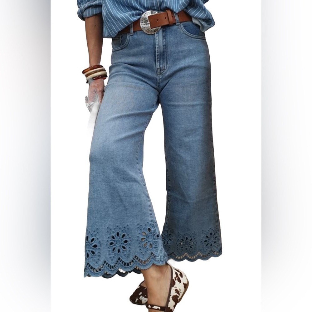 High-Rise Light Blue Denim Wide Leg Jeans with Eyelet Scalloped Hem